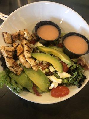 Grandpa's grilled chicken Cobb salad with strawberry/ raspberry vinaigrette dressing