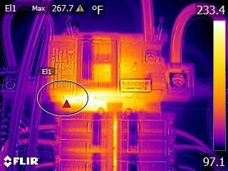 Thermal image of an overheating main breaker found during a standard home inspection.