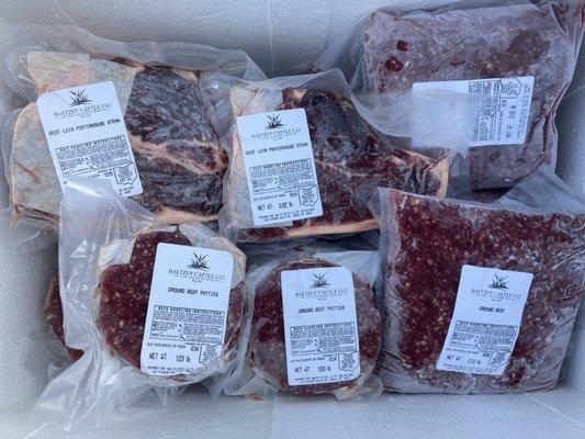 We sell individual packages of ground beef, steaks, roasts and more direct from our farm.