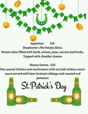 Irish dinner menu. Limited time special.