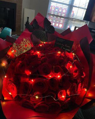 72 Red Roses with Fairy lights, butterflies and a Crown