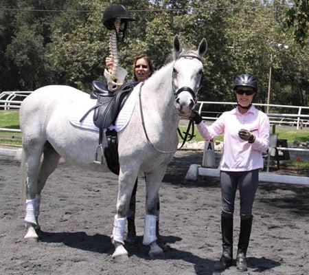 Student Joan King with her  horse Acatina and clinician Susanne Von Detz of "Balance in Movement"