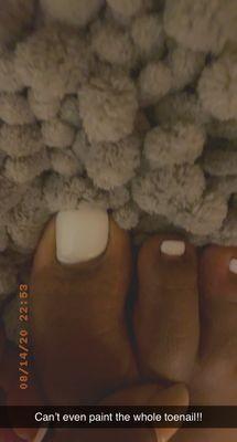 This was a first time experience, never has a nail technician failed to paint my whole toenail!