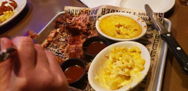 bbq trio with mac and cheese and corn poole