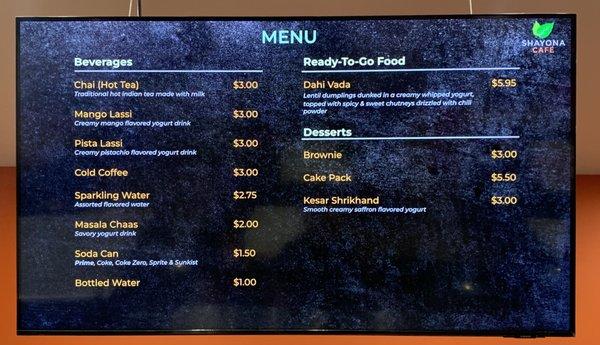 Menu, as of 9/17/23