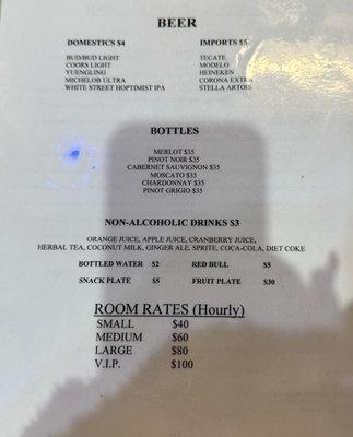 Drink Menu and Room rates