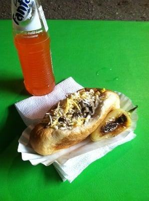 Regular hot dog with mushrooms and cheese on top