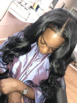 Full sew in w/small leave out