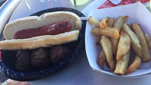 Brazilian hotdog, yucca fries and Brazilian meatballs