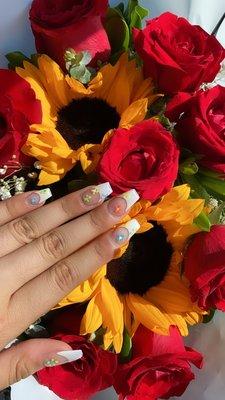 Acrylic French tips with flower design