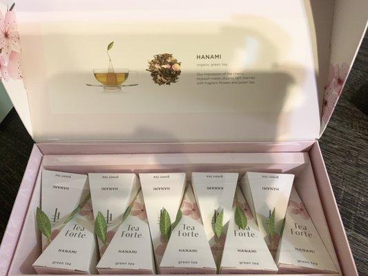 Inside of green tea with hint of cherry blossom.. cute packaging, perfect for holiday gift!