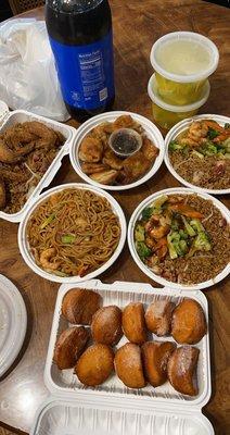 Shrimp and broccoli pork fried rice, house special lo mein, pan fried wontons, chicken wings & pork fried rice, wonton soups, and donuts.