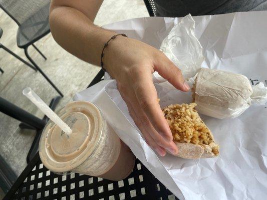 Chicken teriyaki and strawberry peanut butter and banana smoothie