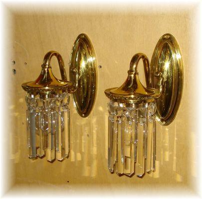 Pair of c. 1910 Bradley & Hubbard brass sconces with original colonial leaded glass crystals - 5 pairs available