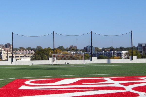 Backstop netting behind a soccer goal at MSOE's soccer field.