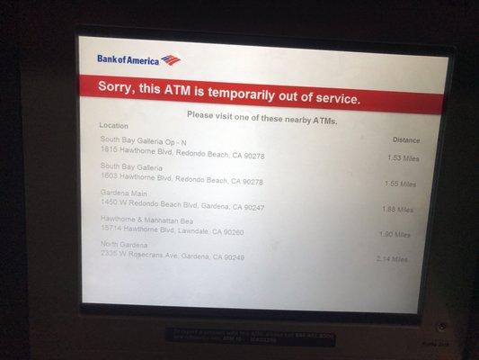 They installed some cool and new looking ATMs! New machines, same prompt to go elsewhere. Pic taken tonight before 9pm.