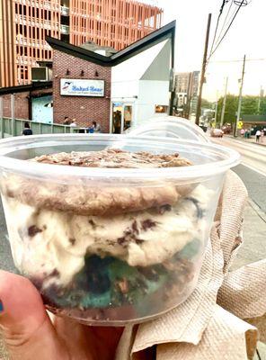 Nutella cookie + chocolate chip cookie dough ice cream + cookie Monster cookie ~ perfection