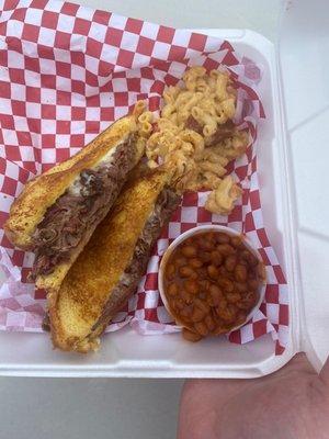 Brisket grilled cheese with Mac and cheese and beans