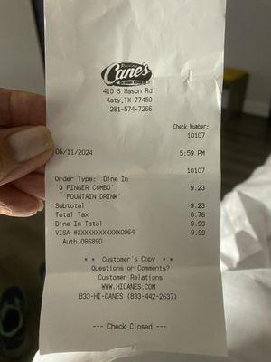 My receipt from this Raising Cane's location.