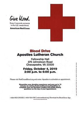 Red Cross Blood Drive at Appstles Lutheran Church, October 4, 2019. 2:00-6:00 pm.