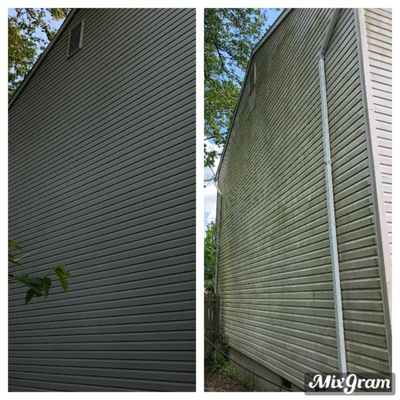 Before and after of a house that was soft washed.