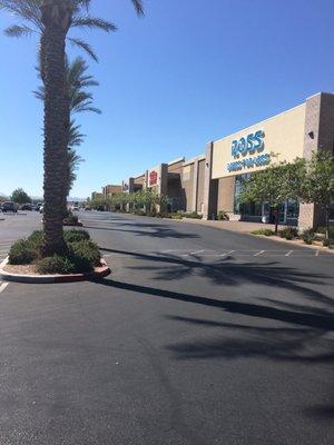 Front view from the street of the major stores.