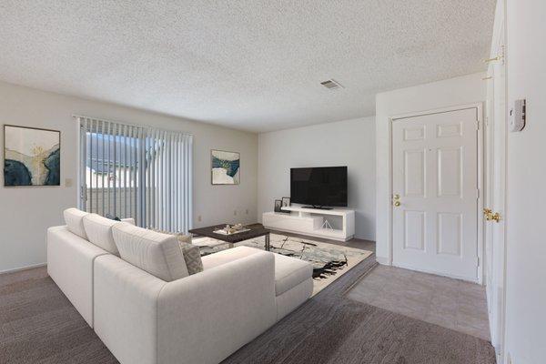 2 bed with 2 baths living room, and sliding glass door out to patio