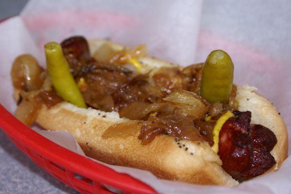 Maxwell Street Polish Deep fried polish on poppy seed bun with grilled onions, mustard and sport peppers