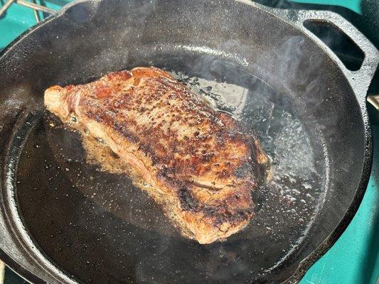 NY Strip Steak.  Camp stove seared.