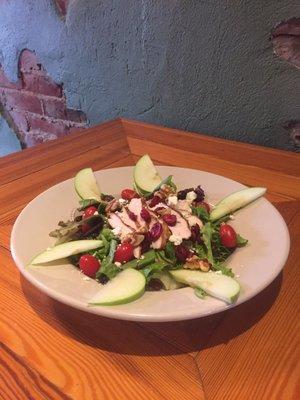 Granny Smith Apple salad with grilled chicken, cranberries, walnuts, feta, cherry tomatoes, red onion and raspberry vin dressing