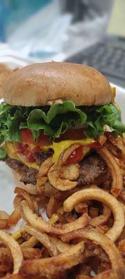 Double cheeseburger and curly fries.