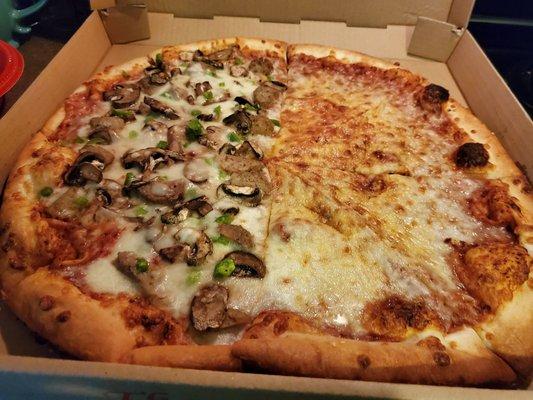 Half Mozzarella & Parmessan, half meatball,  mushroom & bell pepper.