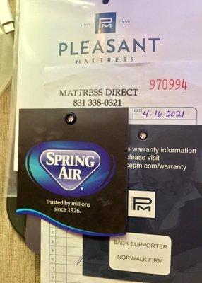 Tags for Spring Air Norwalk Firm Mattress (Queen) & Mattress Direct receipt