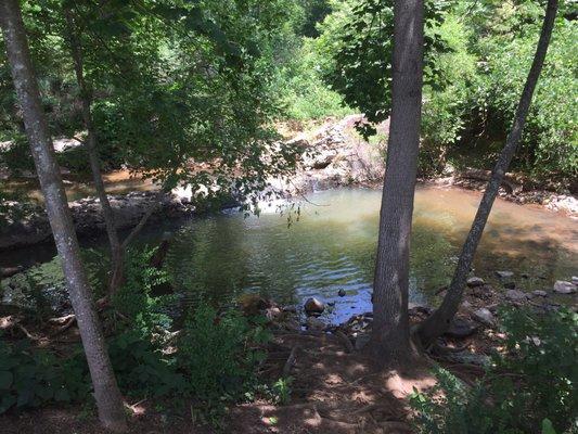 A creek with a mini waterfall