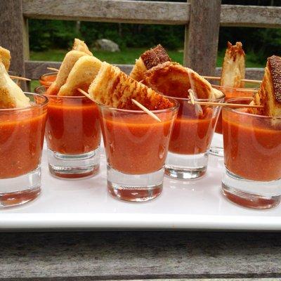 Tomato Bourbon Soup Shooters with Grilled Cheese Crouton