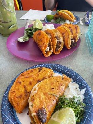 Birria style tacos. Aquachile top left.