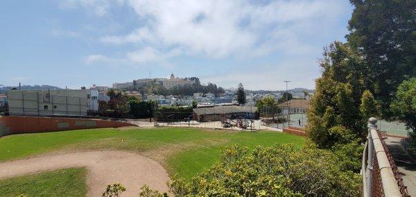 Bigger than expected. Kid Playground. Small softball field. Basketball courts. Not packed on a weekday afternoon. Clean.