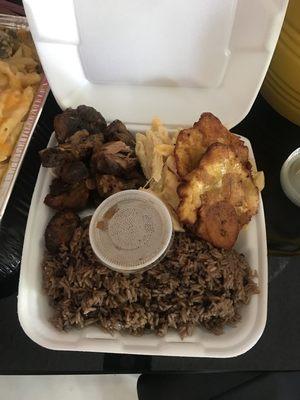 Fry Pork , Mac and cheese ,fry plantain, black bean and rice