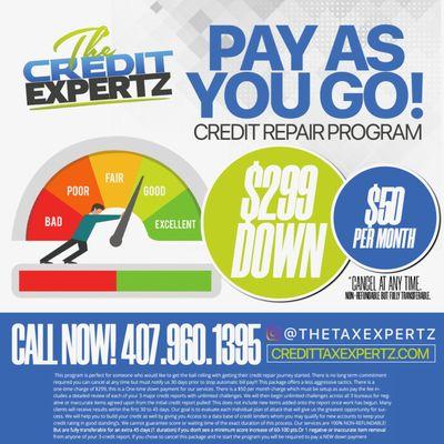 Sign up with our pay as you go credit restoration package  $299 down and only $50 per month