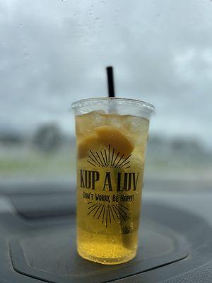 Peach and mango refresher with chunks of peach and mango.  Yum Yum