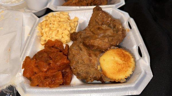 Smothered Pork Chop , yams and Mac and cheese