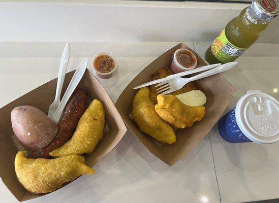 Chorizo with potato, beef empanadas, arepa de choclo, Jugo de lulo, hot homemade avena