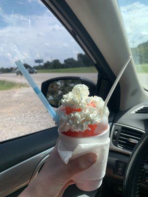 Strawberry, Birthday cake, and cotton candy with whipped cream shaved ice