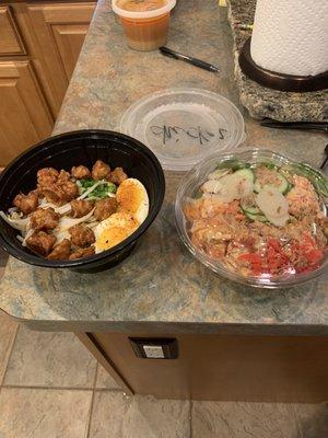 Spicy chicken ramen w/out broth (broth is on top edge of pic) and poke bowl.