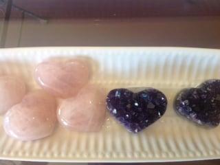 Rose quartz hearts and amethyst.