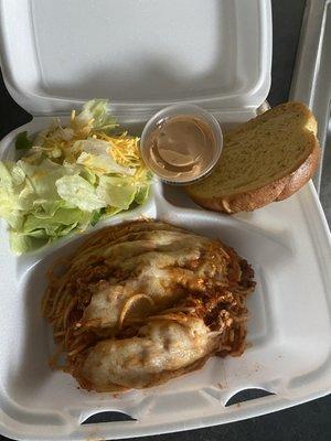 Baked spaghetti and salad