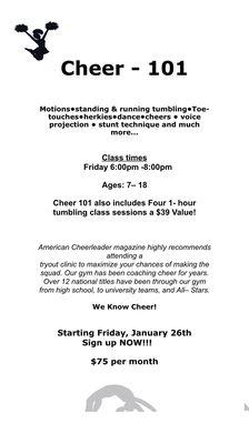 Cheer 101 starting soon; great for kids wanting to join a cheer team with little to no experience.