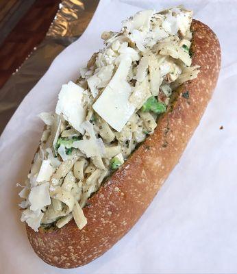 Chicken fettuccine pesto Alfredo garlic bread bowl