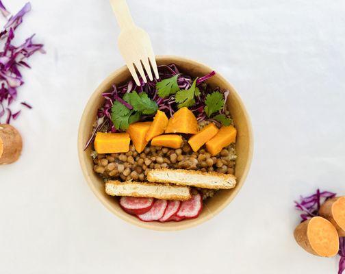 Organic  quinoa, lentils, red cabbage, cilantro, sweet potato, plant-based chickin.