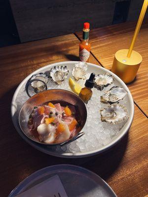 Half dozen oysters, hamachi + scallop crudo